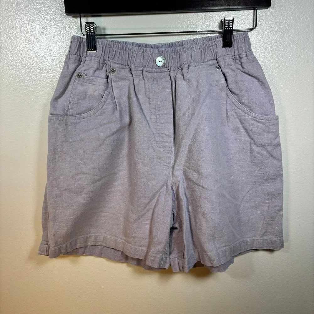 VTG Linen Cotton‎ Lavender Shorts Women Sz S Purple Elastic Waist Casual Summer